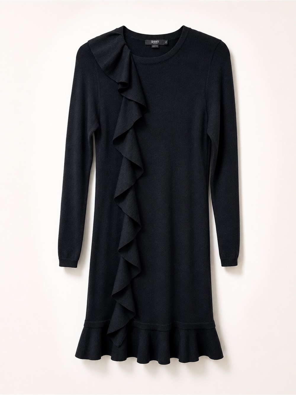 Seventy Sergio Tegon Black Ruffle Knit Midi Dress Made in Italy Size 44/US 8 - Picture 2 of 9